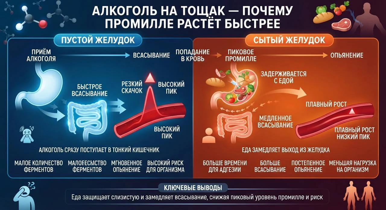 Алкоголь натощак — почему промилле растёт быстрее