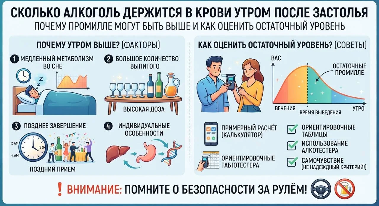 Сколько алкоголь держится в крови утром после застолья