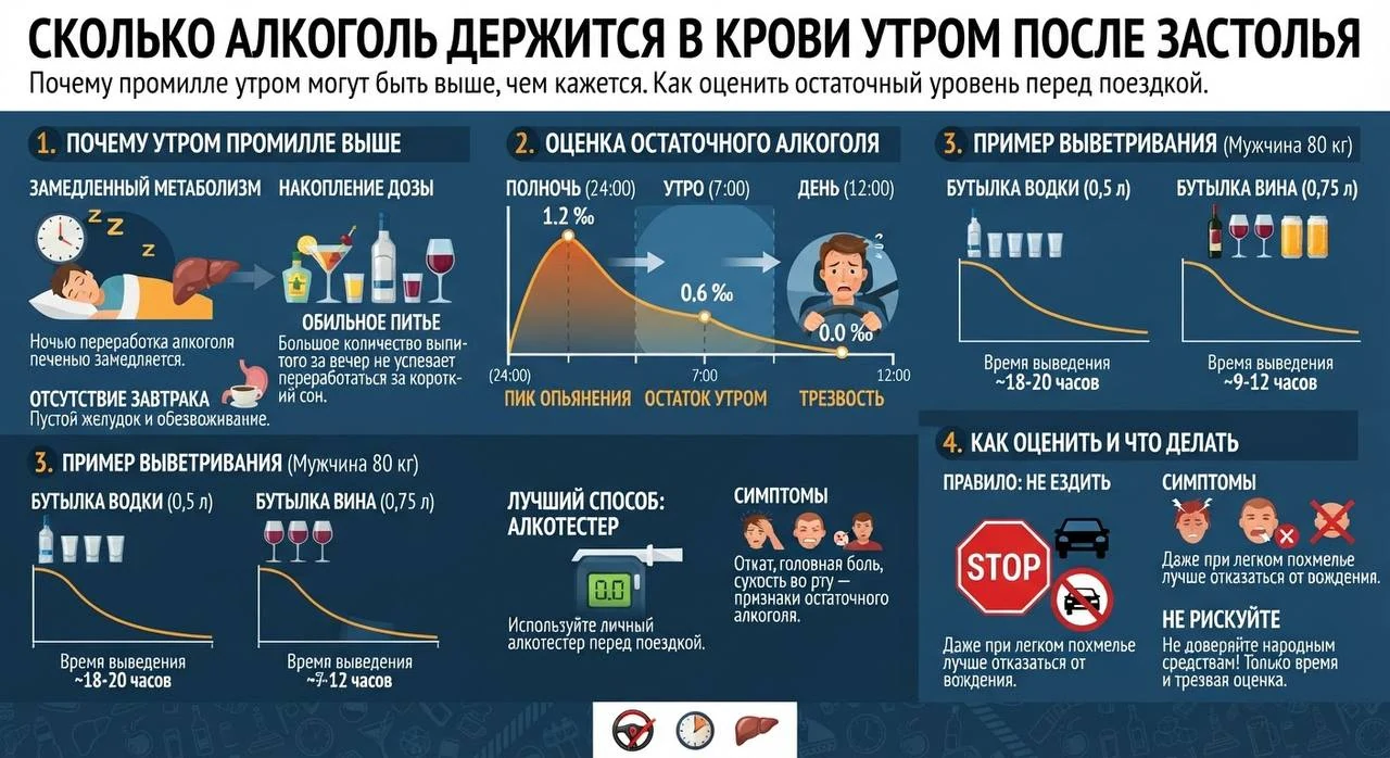 Сколько алкоголь держится в крови утром после застолья