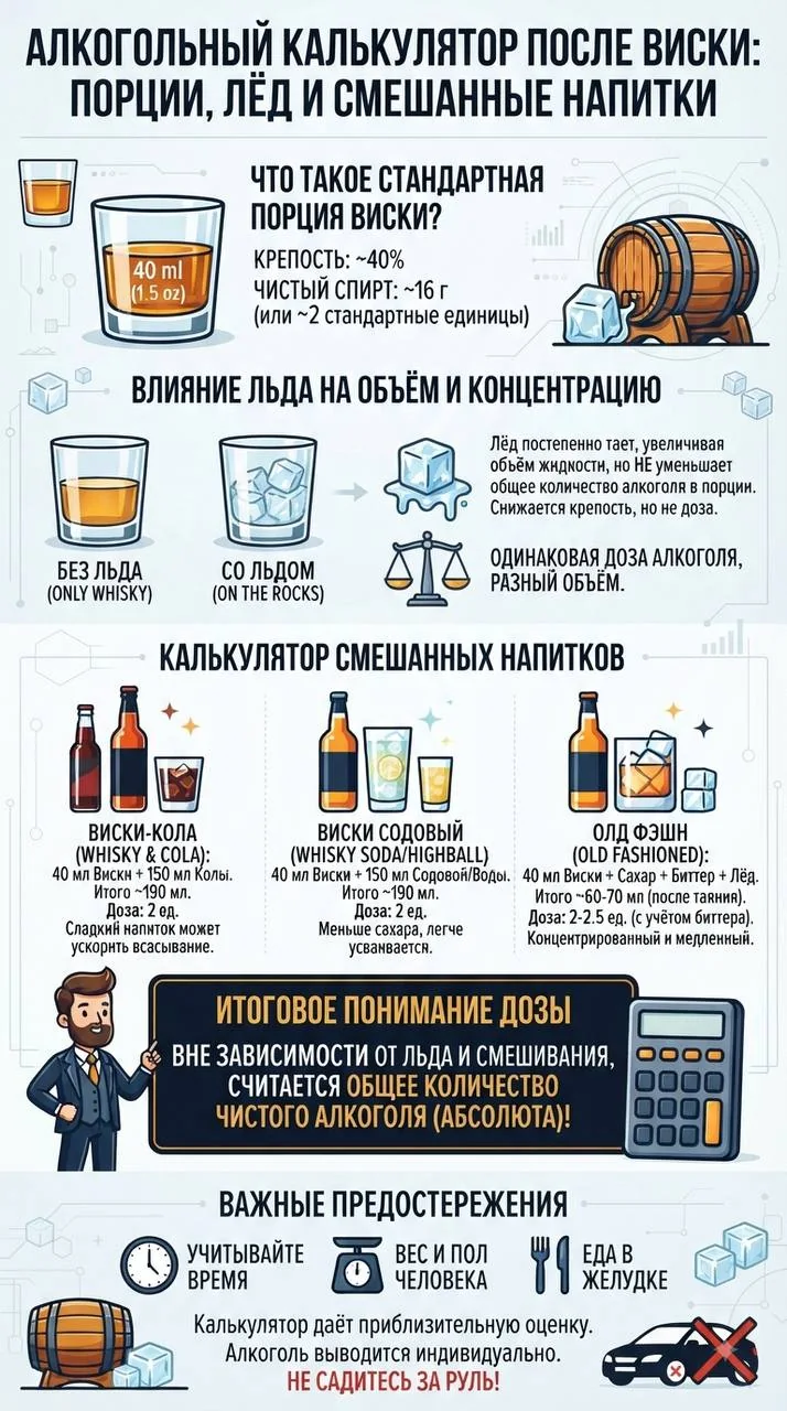Алкогольный калькулятор после виски: порции, лёд и смешанные напитки