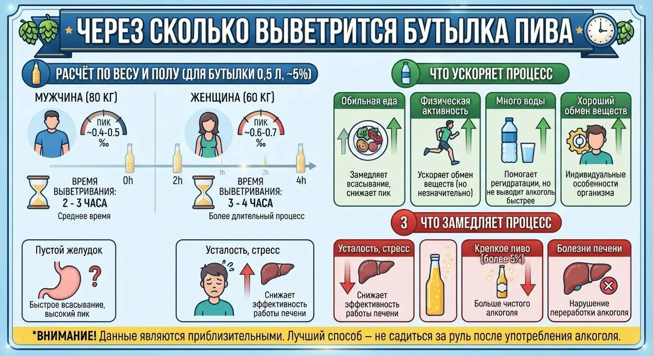 Через сколько выветрится бутылка пива