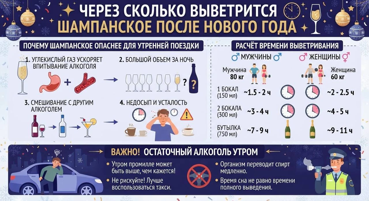 Через сколько выветрится шампанское после Нового года