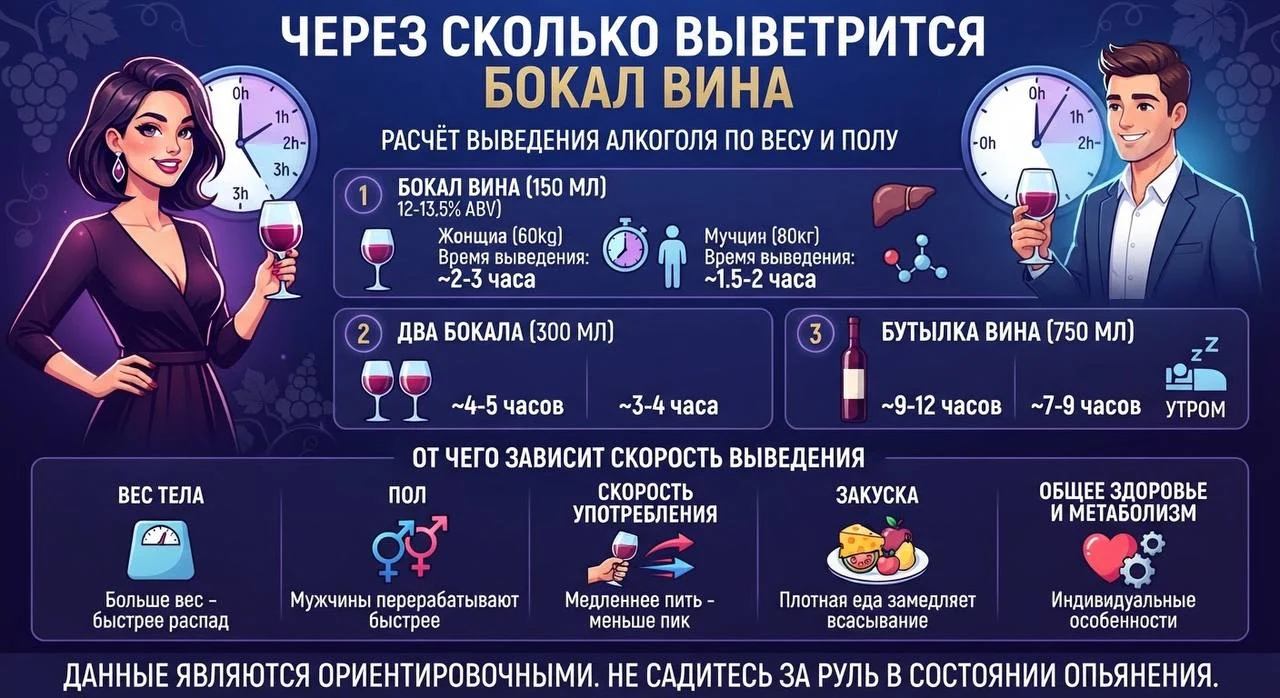 Через сколько выветрится бокал вина