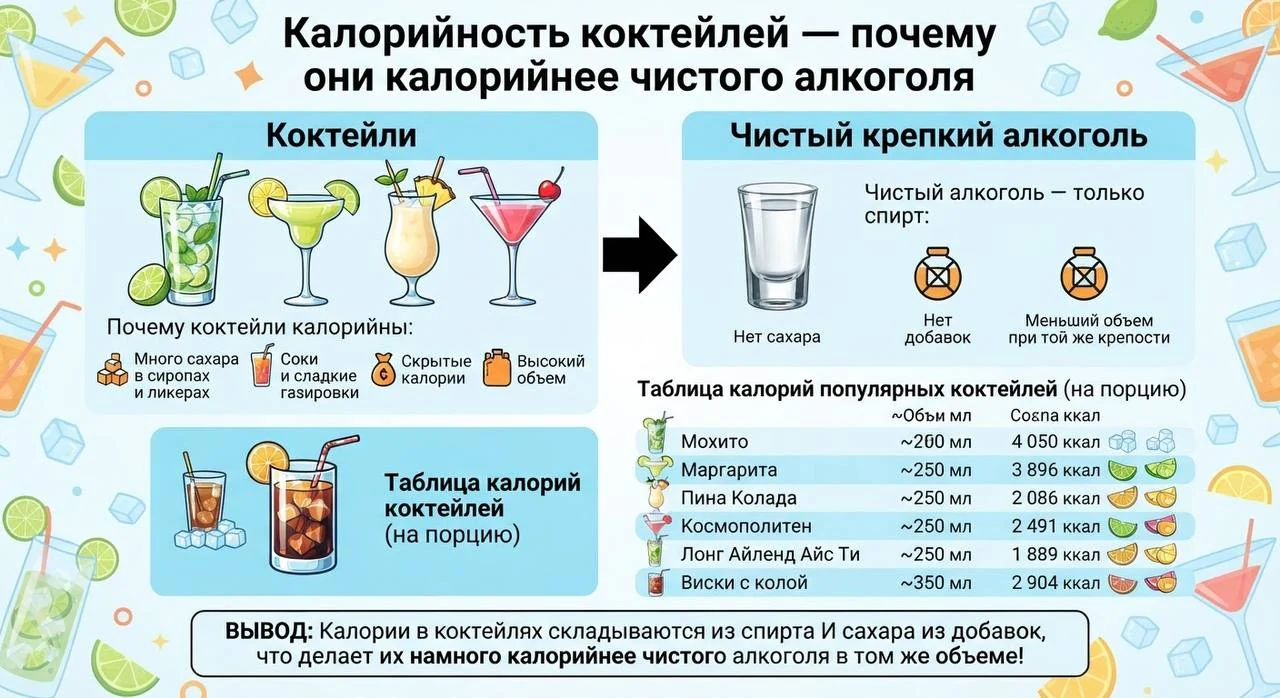 Калорийность коктейлей — почему они калорийнее чистого алкоголя