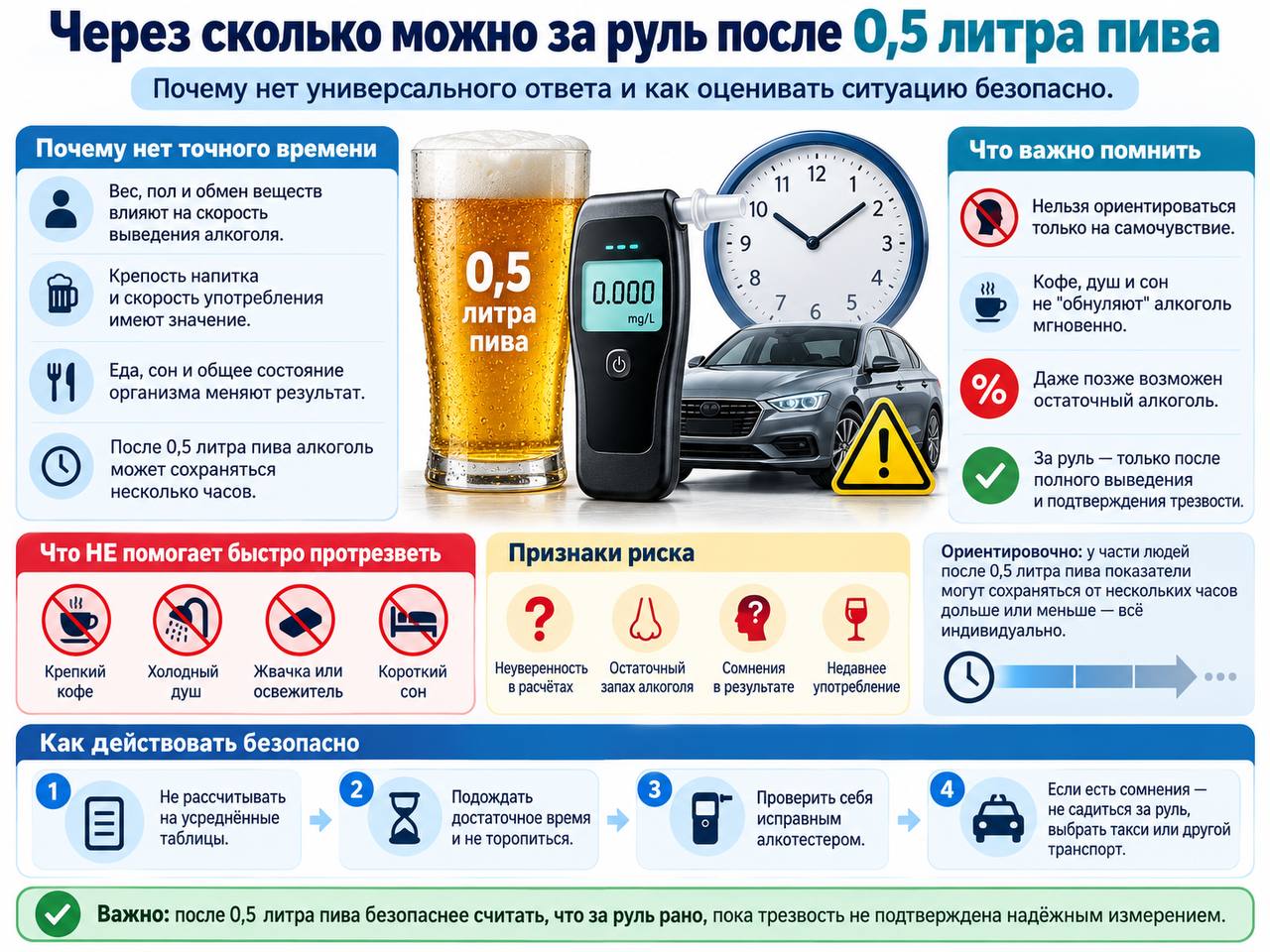 Через сколько можно за руль после 0,5 литра пива