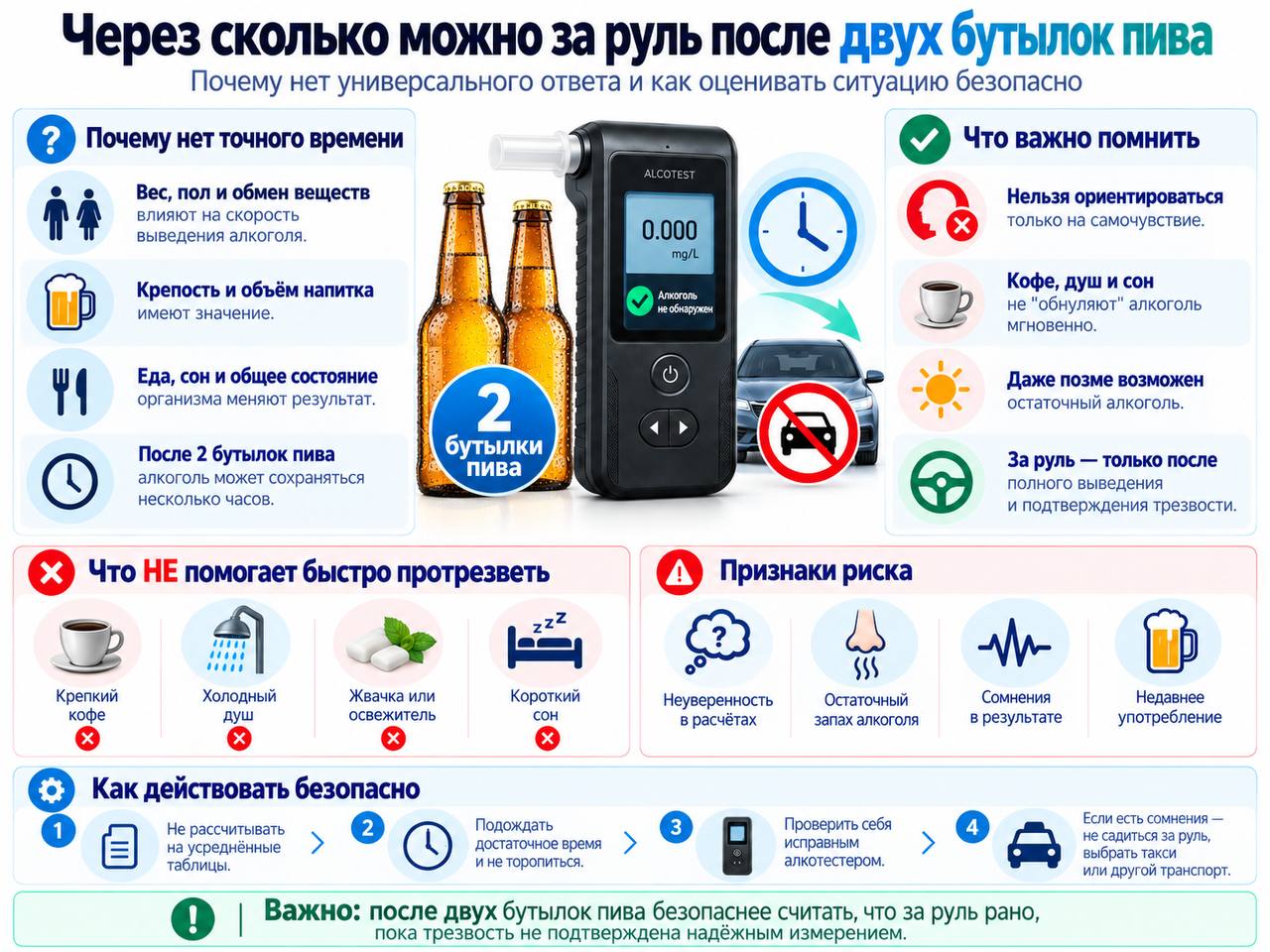 Через сколько можно за руль после двух бутылок пива