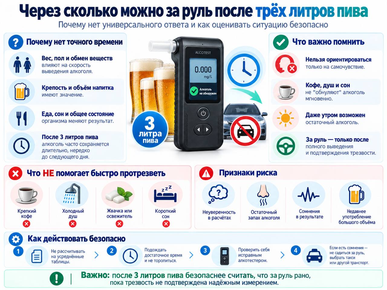 Через сколько можно за руль после трёх литров пива