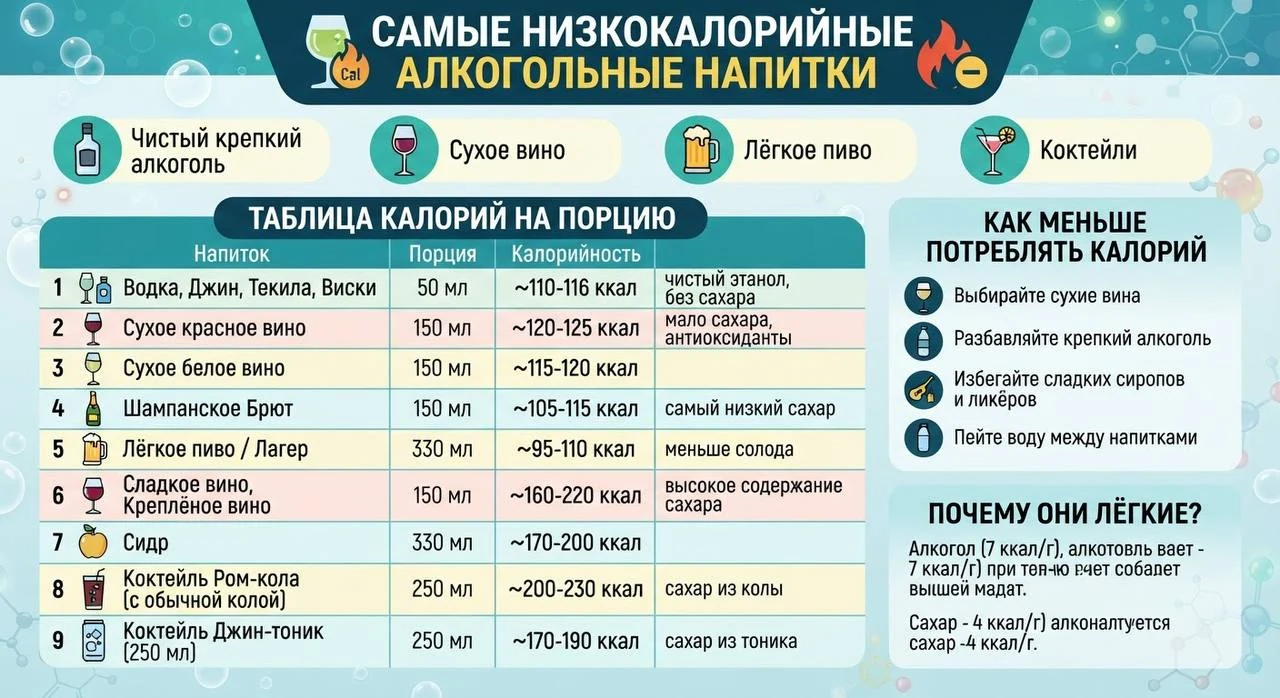 Самые низкокалорийные алкогольные напитки