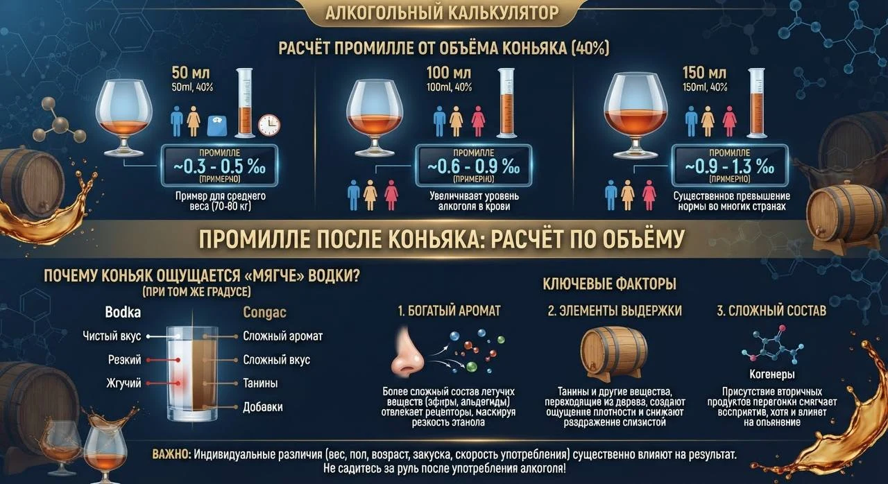 Промилле после коньяка: расчёт по объёму