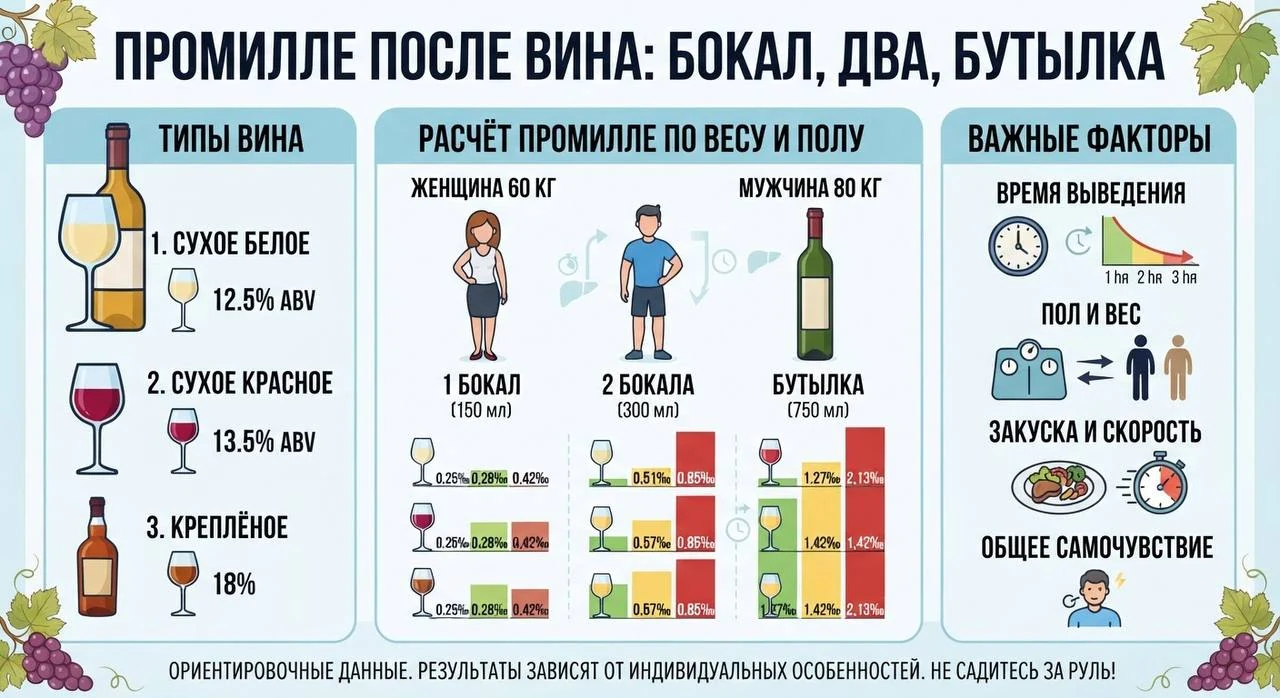 Промилле после вина: бокал, два, бутылка