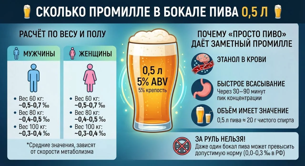Сколько промилле в бокале пива 0,5 л