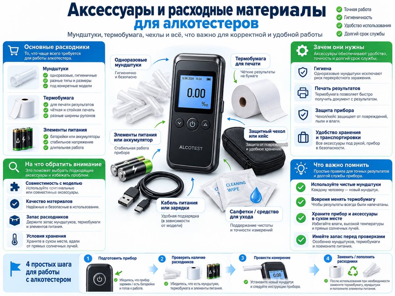 Аксессуары и расходные материалы для алкотестеров: мундштуки, термобумага и чехлы