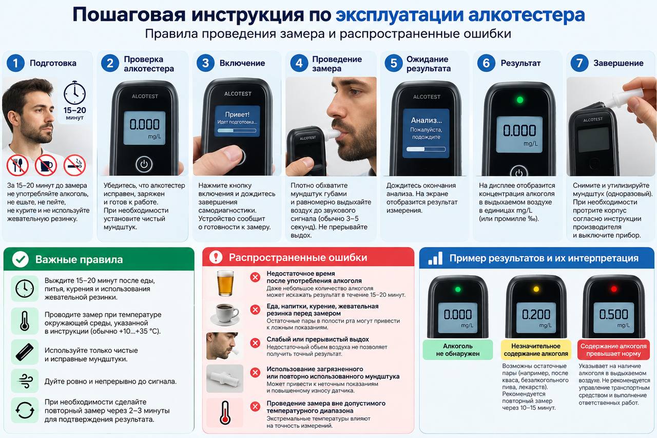 Пошаговая инструкция по эксплуатации алкотестера: правила проведения замера и ошибки