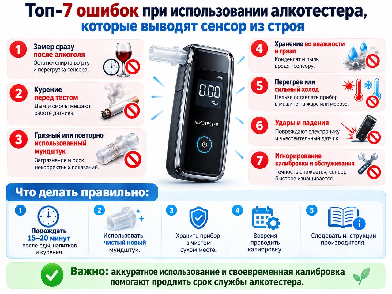 Топ-7 ошибок при использовании алкотестера, которые выводят сенсор из строя