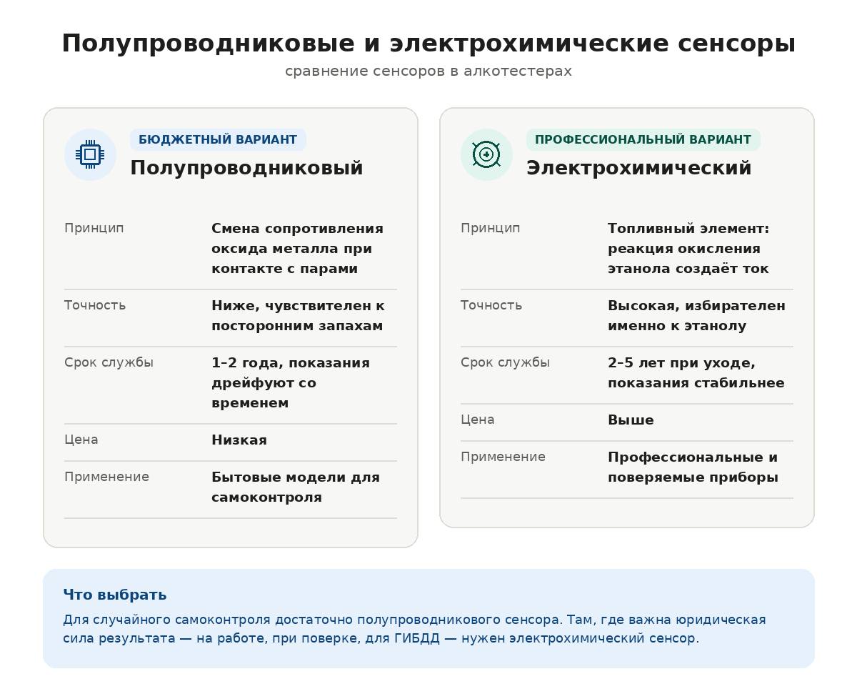 Сравнение полупроводниковых и электрохимических сенсоров в алкотестерах