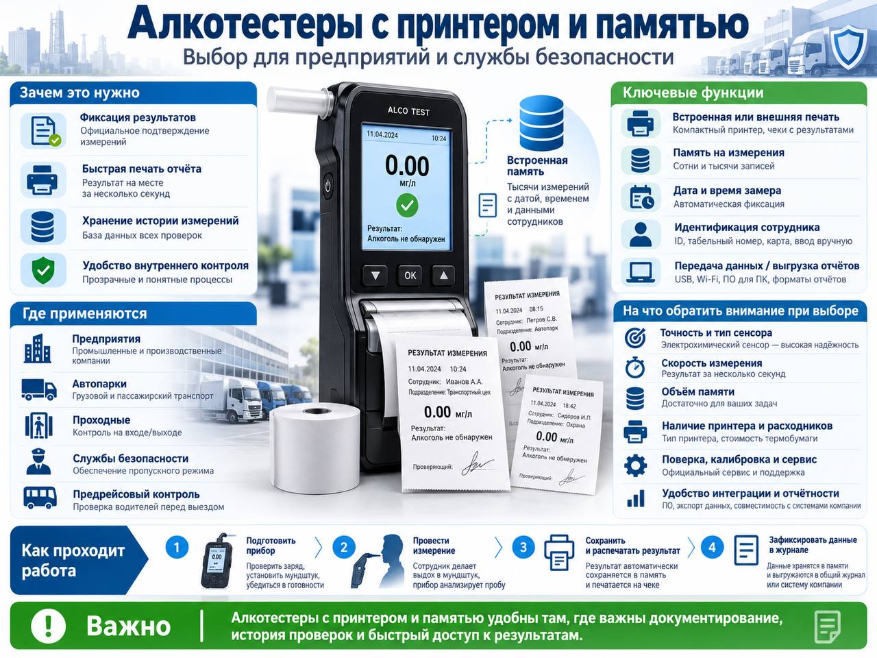 Алкотестеры с принтером и памятью: выбор для предприятий и службы безопасности
