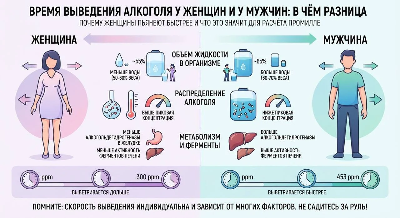 Время выведения алкоголя у женщин и у мужчин: в чём разница