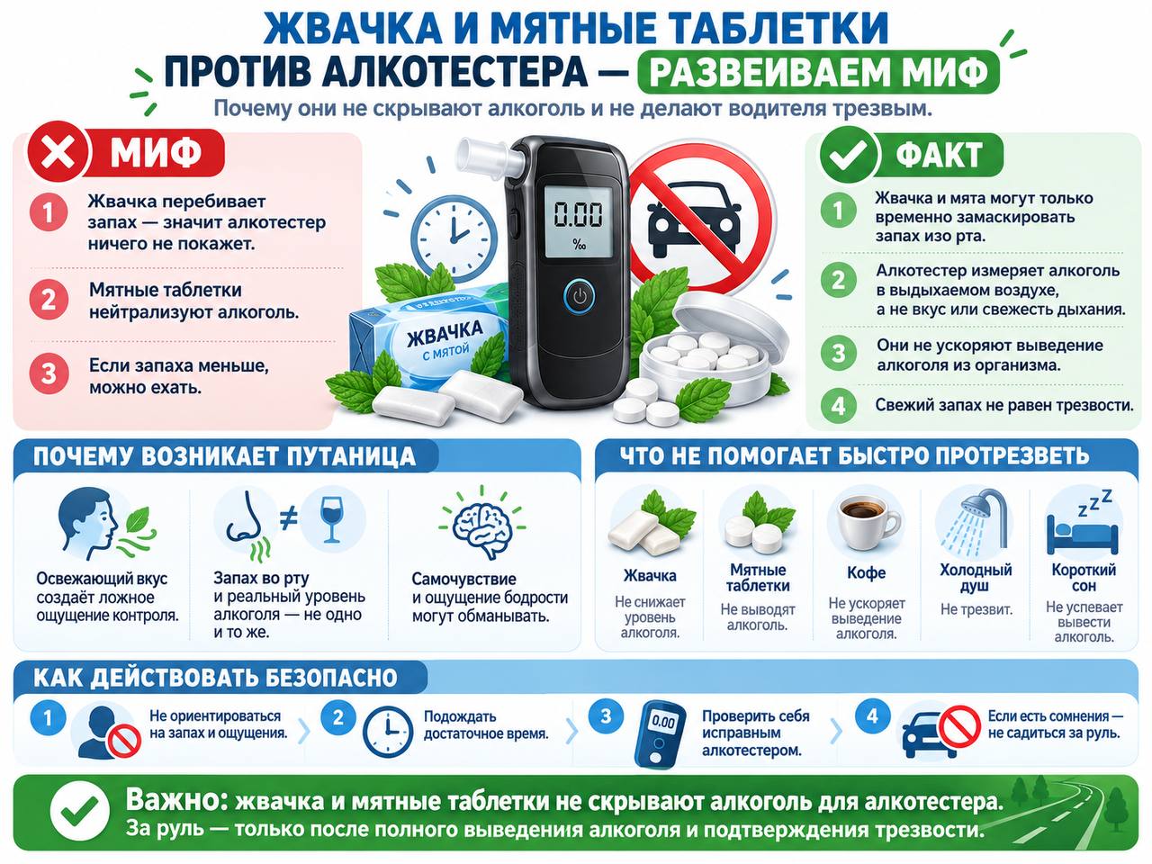 Жвачка и мятные таблетки против алкотестера — развеиваем миф